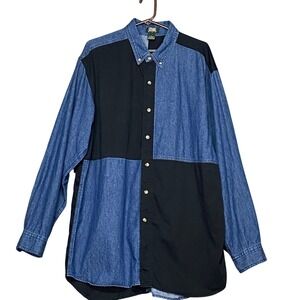 Vintage Stefano Man Large Denim Color Block Button Down Long Sleeve Shirt Retro